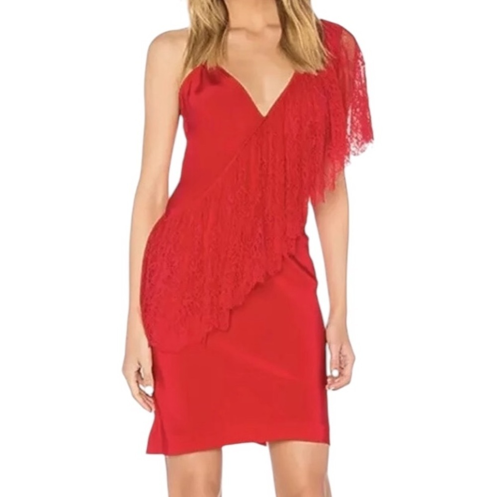 Diane von Furstenberg Womens 8 Red Lace V-Neck Ruffle Cocktail Dress Silk NWT